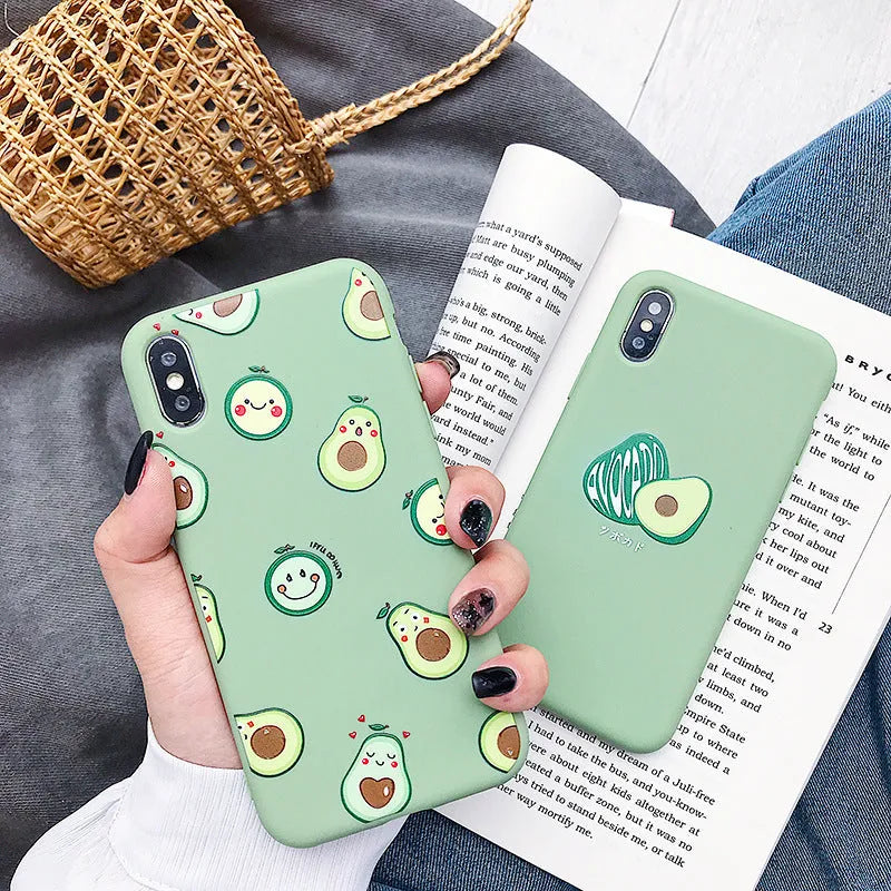 Avocado-themed TPU phone case with cartoon design for Apple and Android phones, showing precise port cutouts.