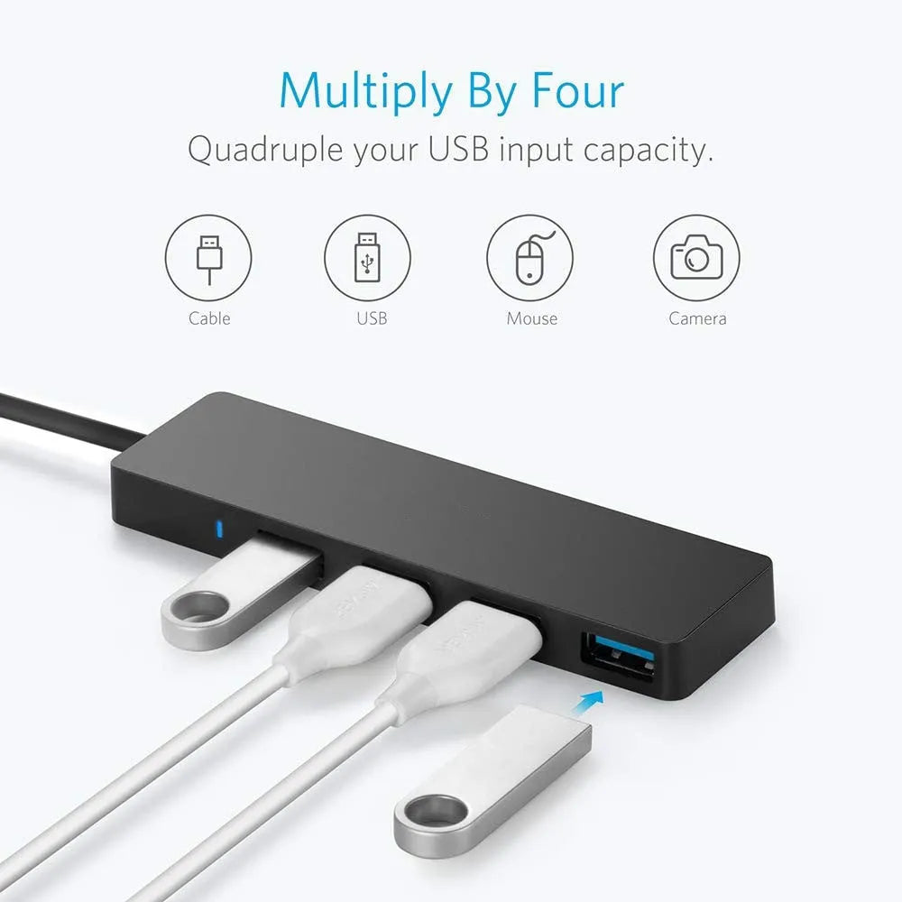 Black USB 3.0 hub with four ports, LED lights, and a 30cm connection cable