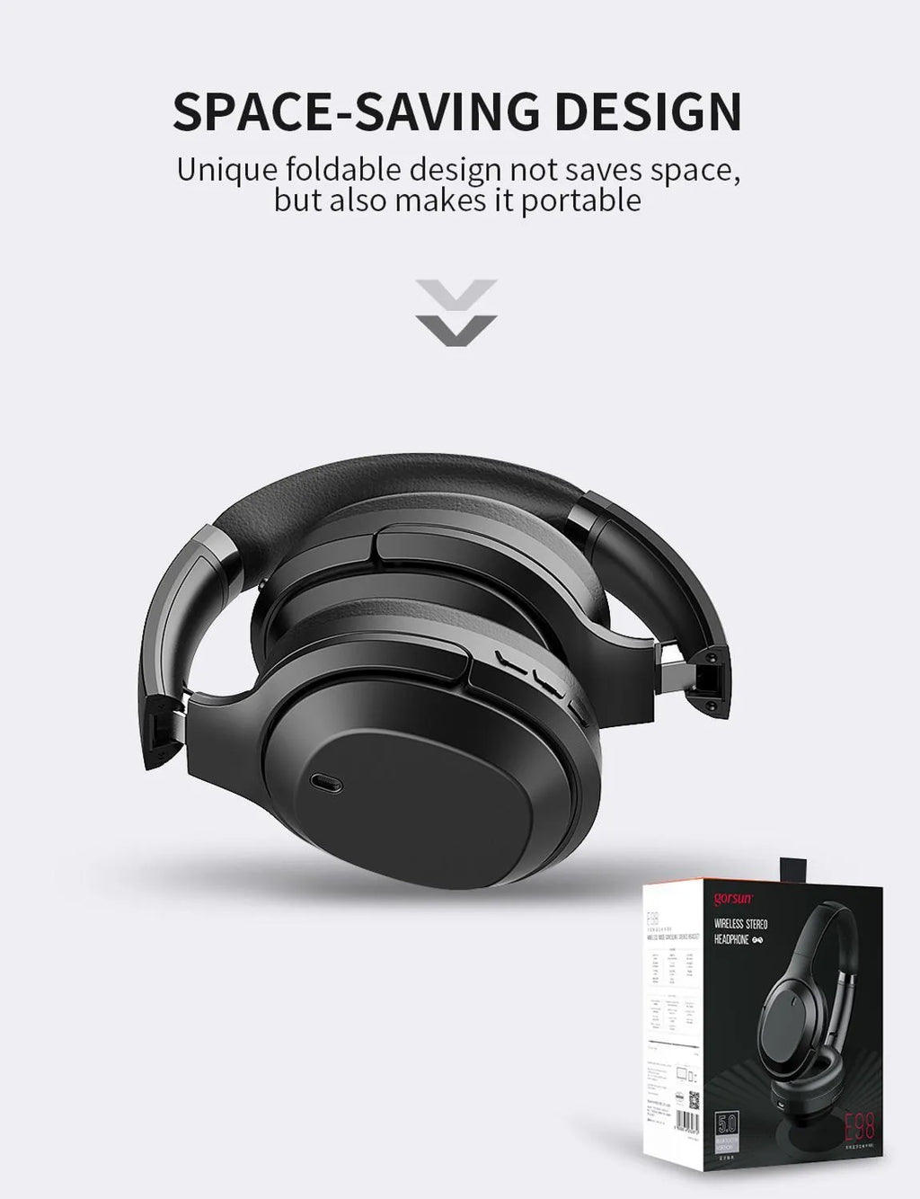 Black Gorsun E98 over-ear wireless Bluetooth headset with memory-protein ear cushions and stainless steel slider.