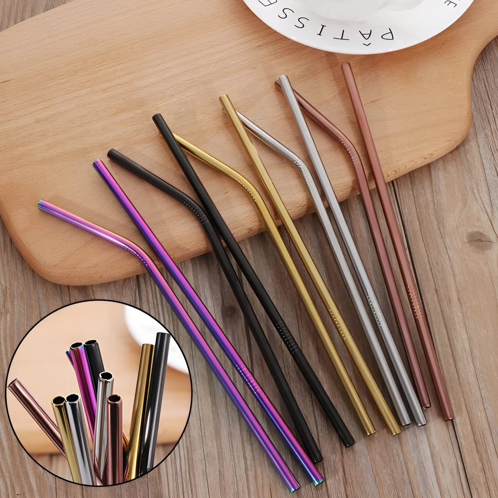 Colourful stainless steel reusable straw set with straight and bent shapes in two diameters plus cleaning brush