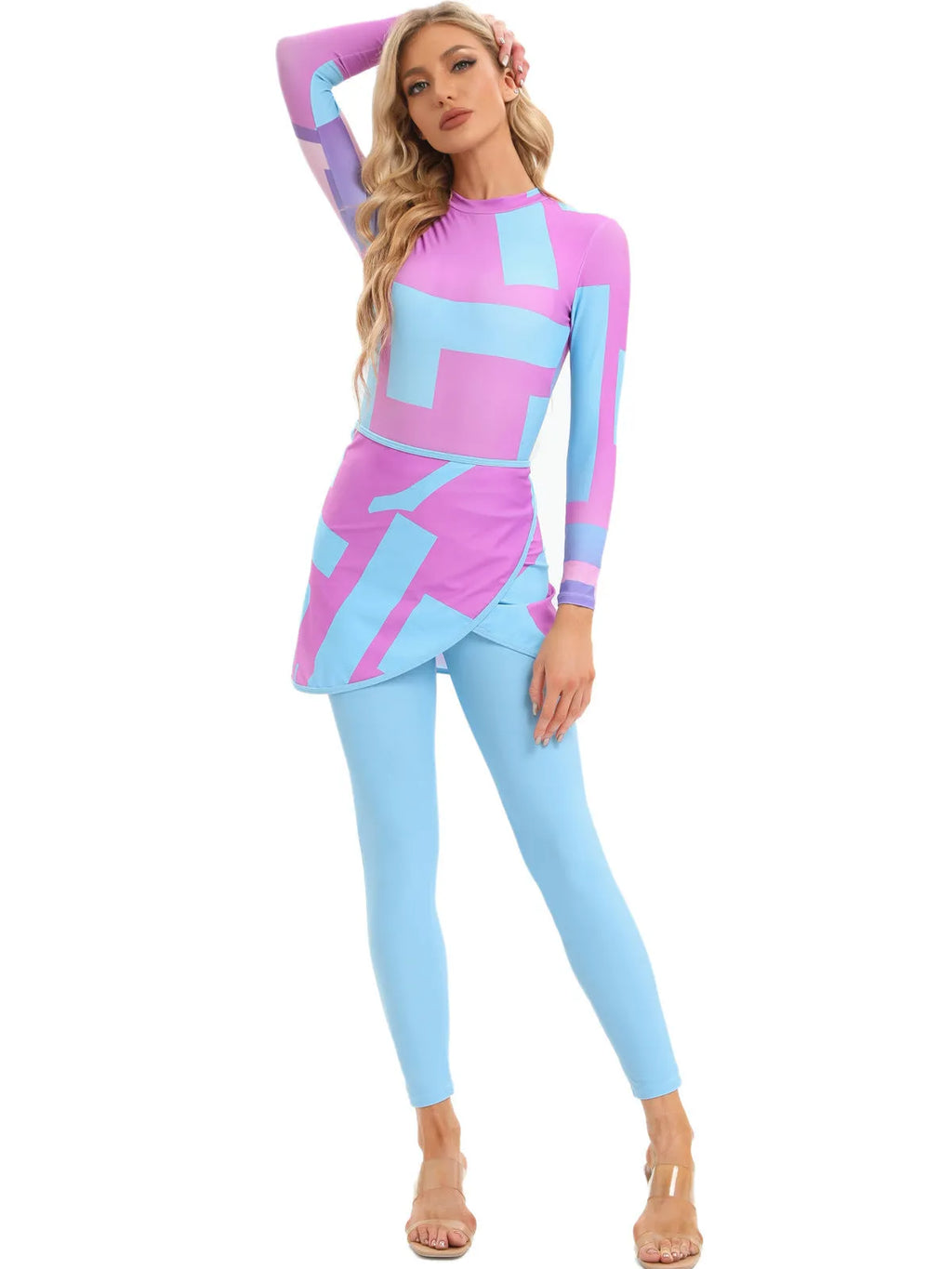 Muslim print conservative beach swimsuit three-piece set in polyester fabric for swimming and wading