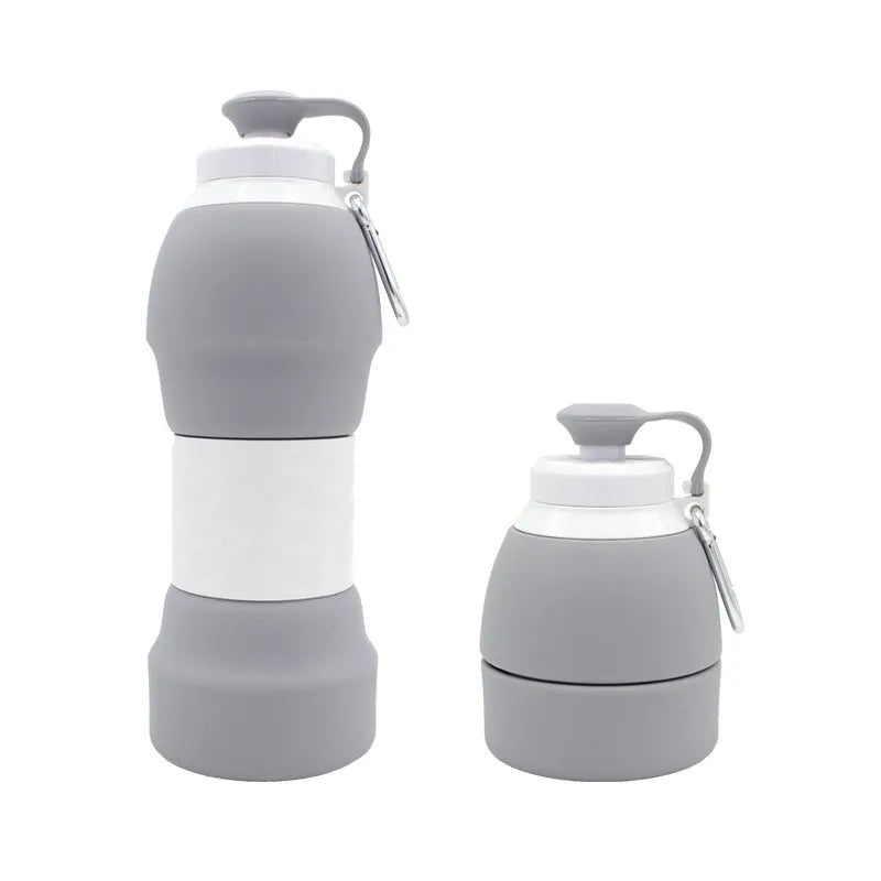 Blue silicone folding water bottle shown full at 22cm tall and folded flat at 11cm tall