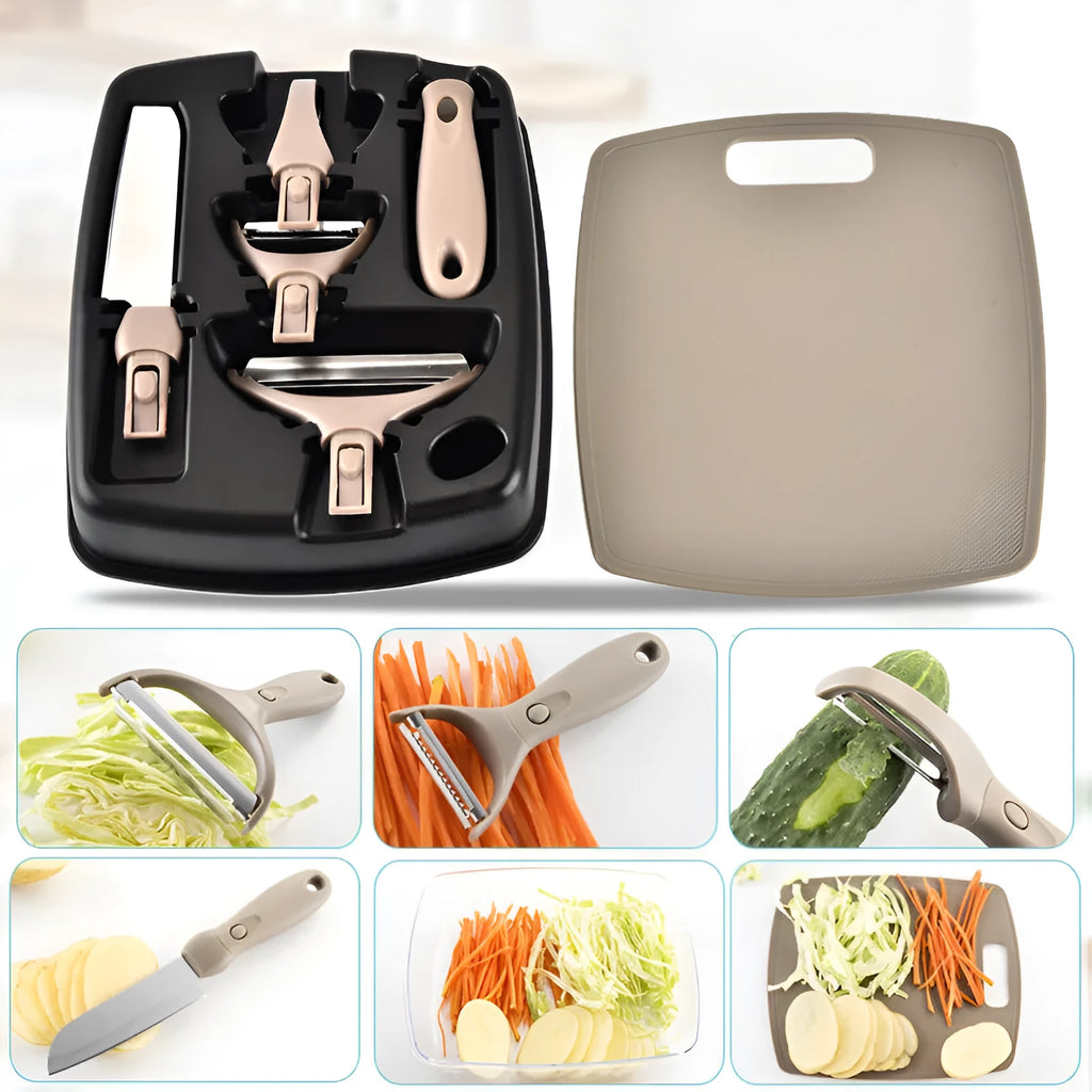 Green eight-piece kitchen tool set with peeler, cutter, and wheat straw chopping board on a counter.