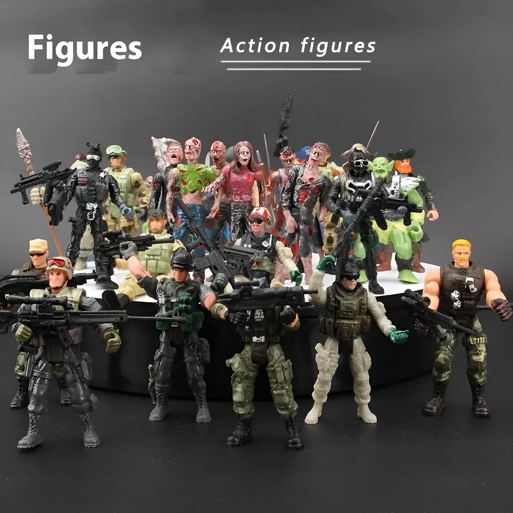 10cm plastic military soldier model with movable joints, shown in anti-terrorism special forces, Flying Tiger, zombie, and Employment Corps options.