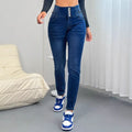 Women's dark blue denim trousers with breasted front buttons and straight-leg cut on hanger