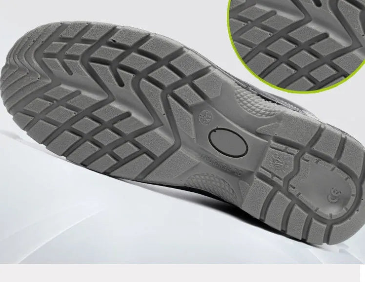 Black high-top safety shoes with steel toe cap and non-slip polyurethane sole, sizes 36-46