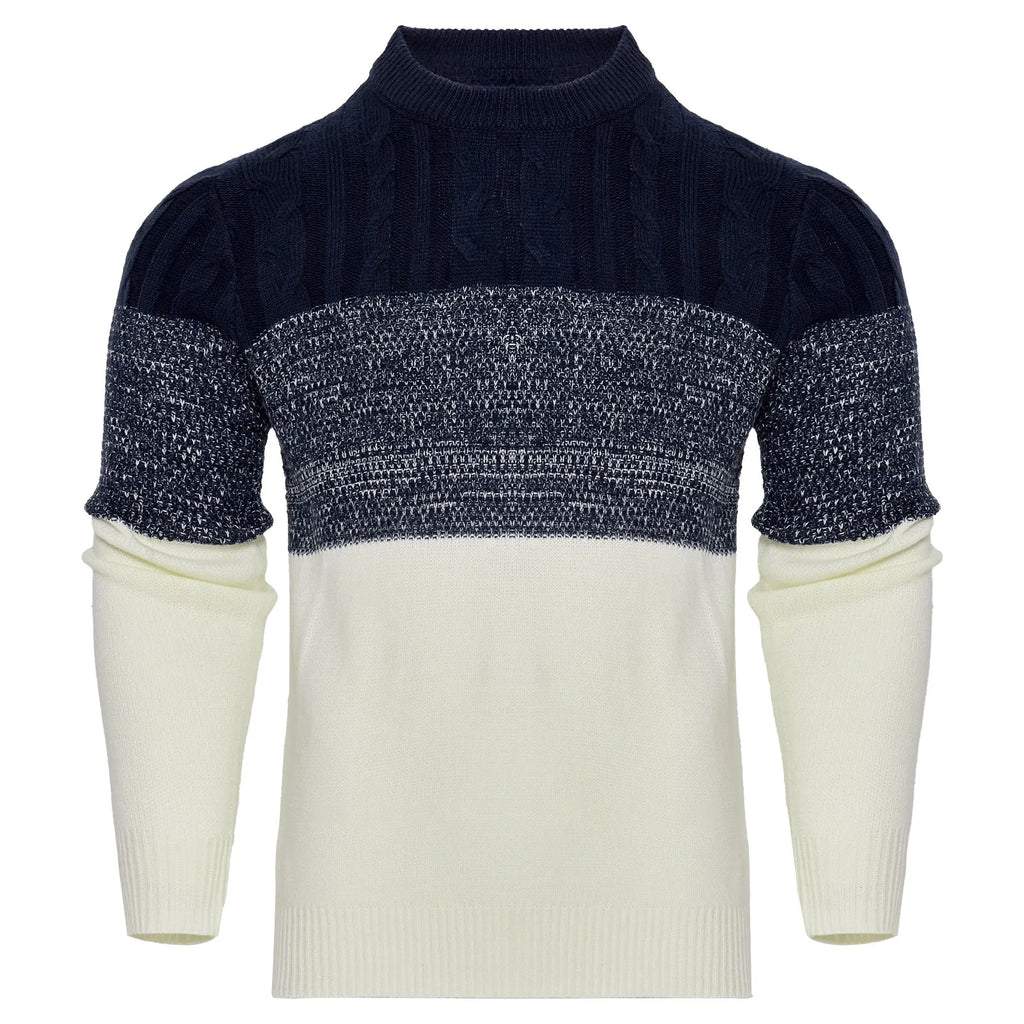 Men's grey knitted pullover sweater with ribbed crew neck and cuffs on a hanger.