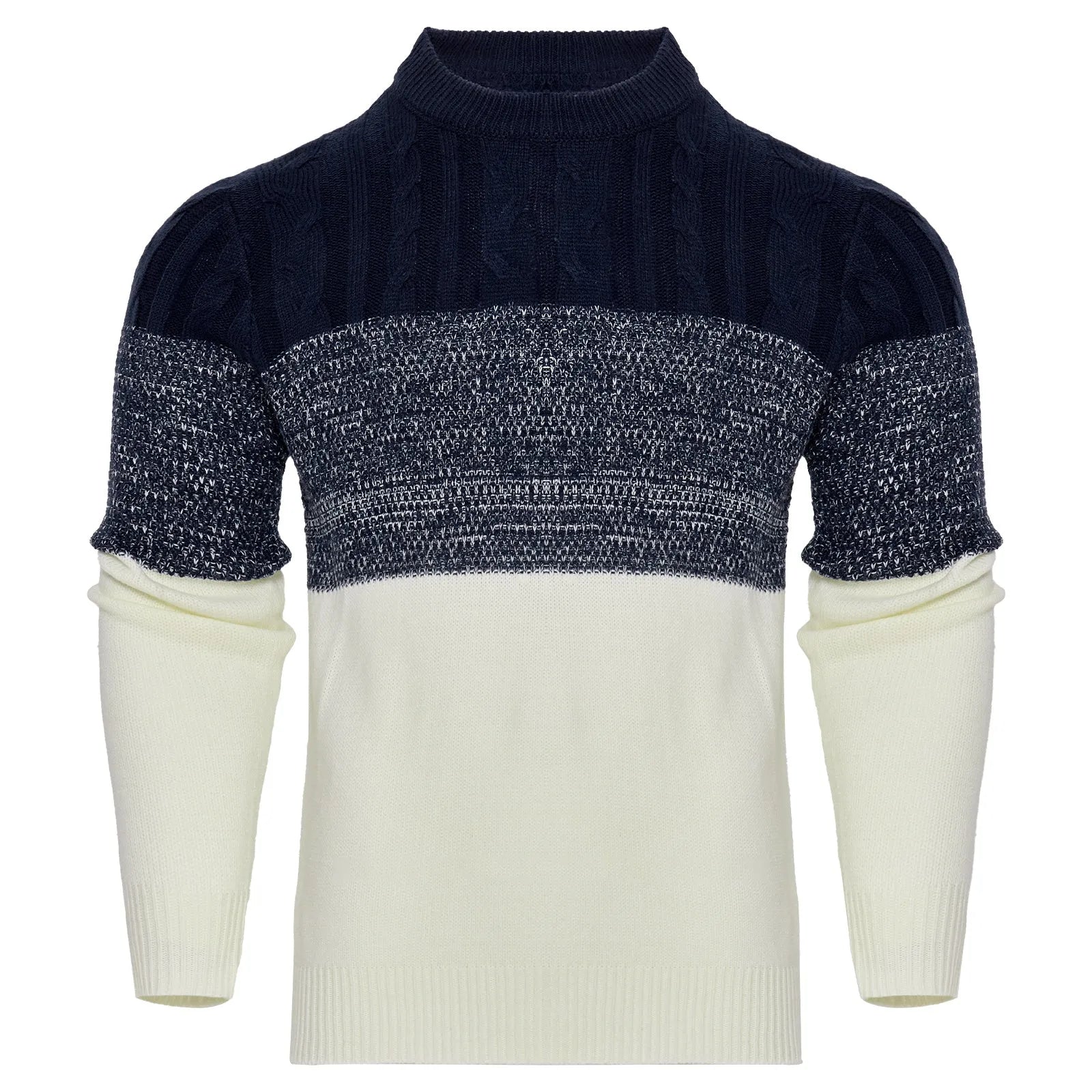 Men's grey knitted pullover sweater with ribbed crew neck and cuffs on a hanger.