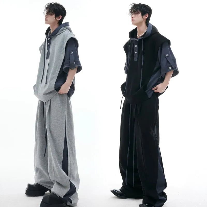 Hooded sports leisure suit with three-dimensional stitching on jacket, short sleeves, trousers length, in black or grey