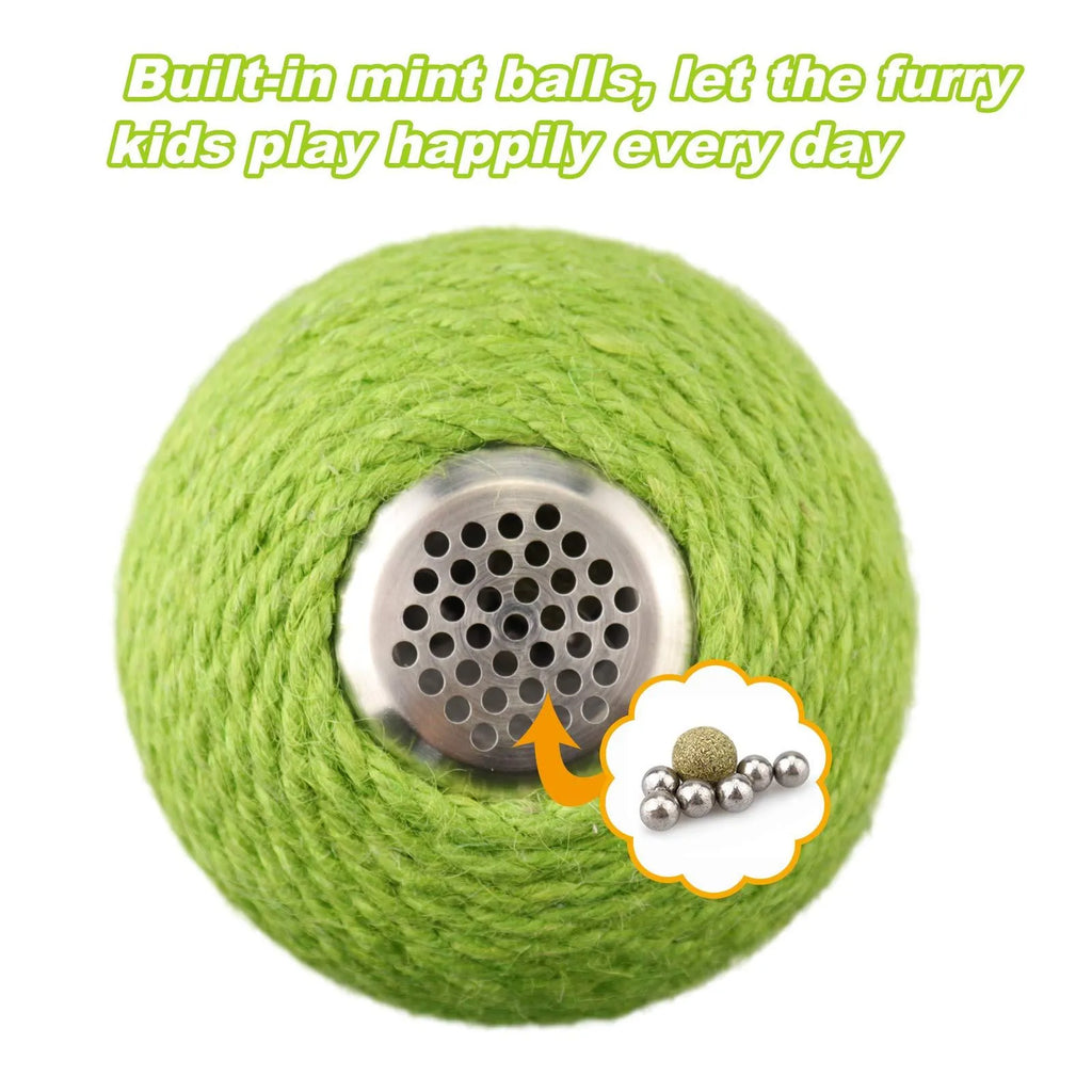 Green tumbler cactus cat scratcher with natural sisal surfaces and integrated ball toy