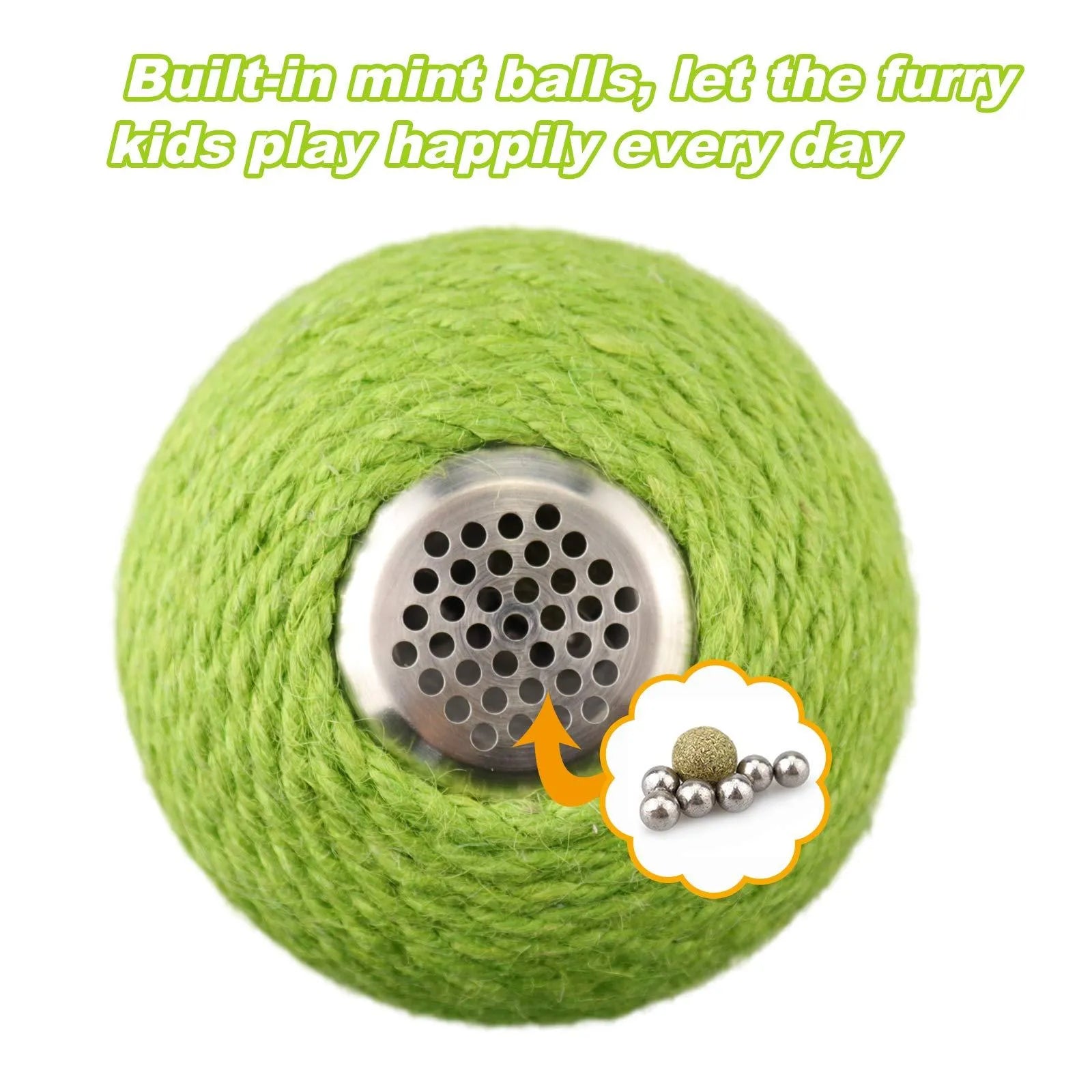 Green tumbler cactus cat scratcher with natural sisal surfaces and integrated ball toy