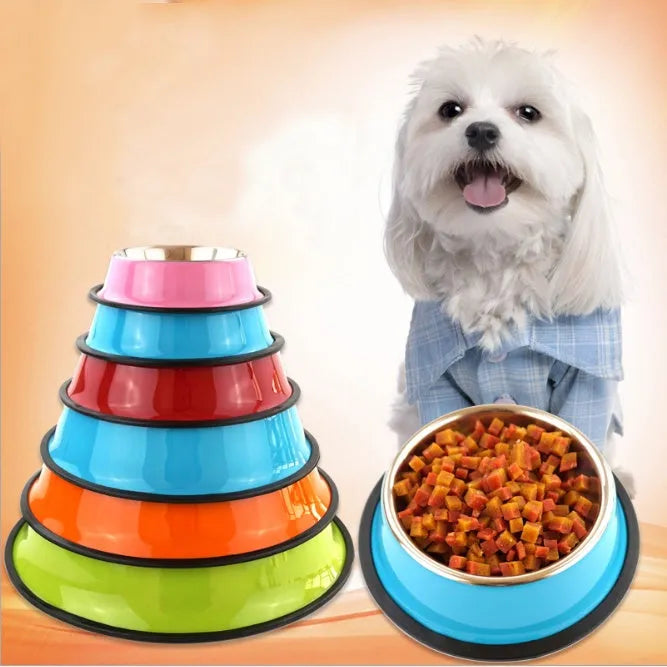 Stainless steel pet bowl with colourful melamine exterior and non-slip base for pet feeding