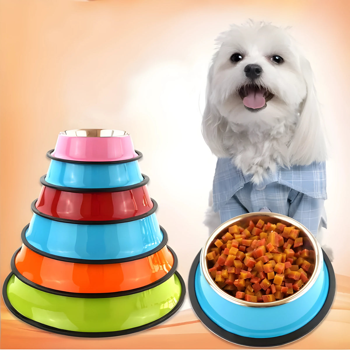 Stainless steel pet bowl with colourful melamine exterior and non-slip rubber base, 15-34cm