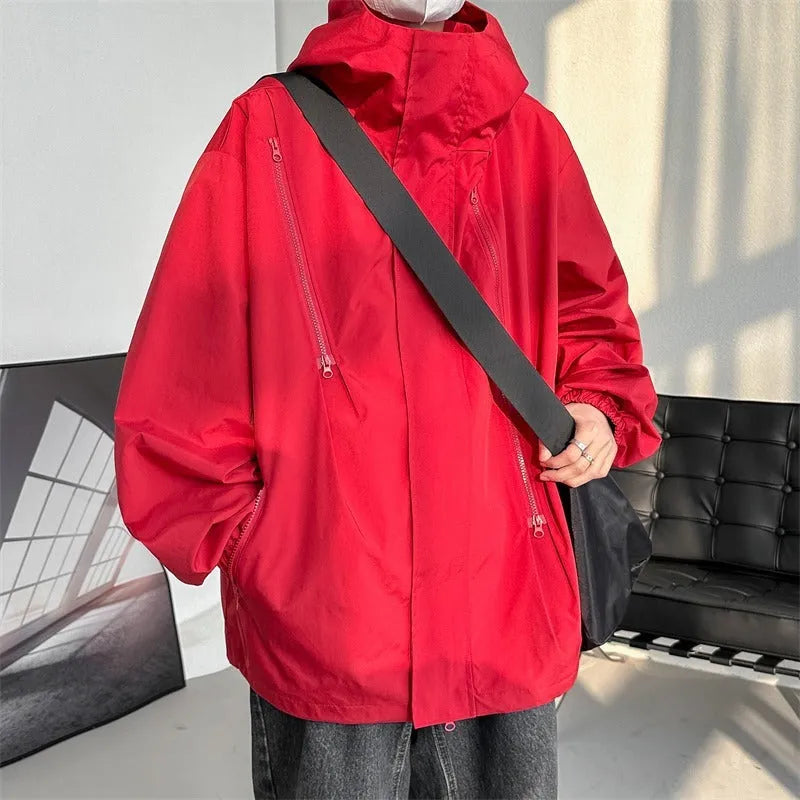 Men's waterproof windproof shell jacket in black, apricot, red or brown, long sleeve, side seam pockets, sizes M to 5XL