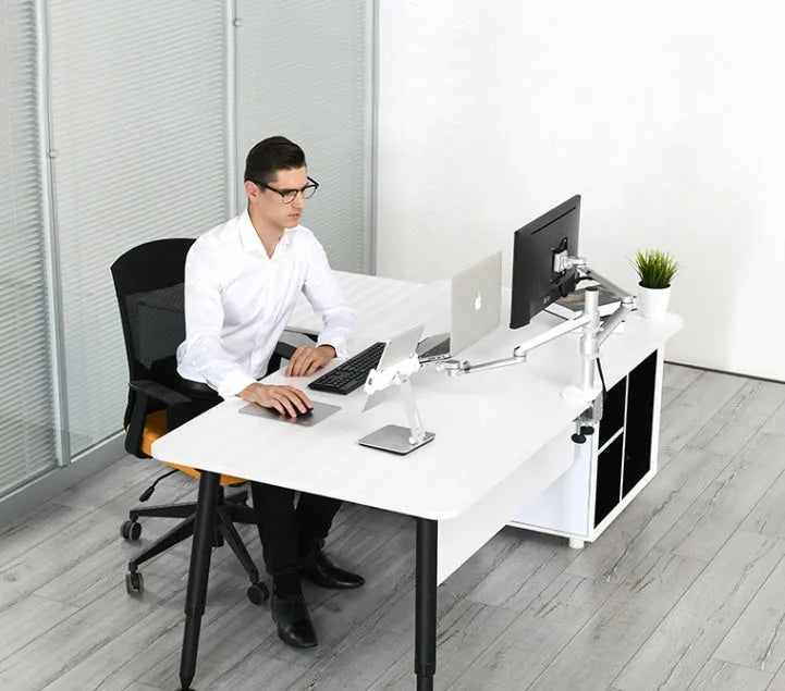 Silver foldable desktop holder supporting tablet with 360° rotation mechanism visible