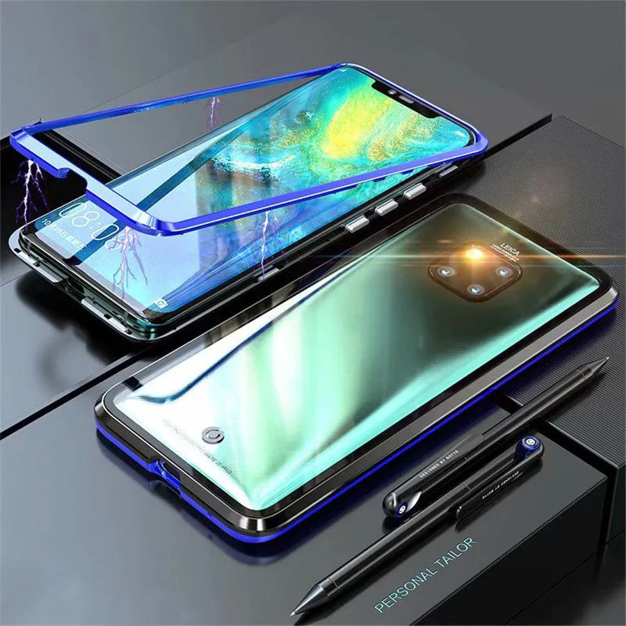 Magnetic phone case with 9H tempered glass back and metal frame in black, showing precise port cuts