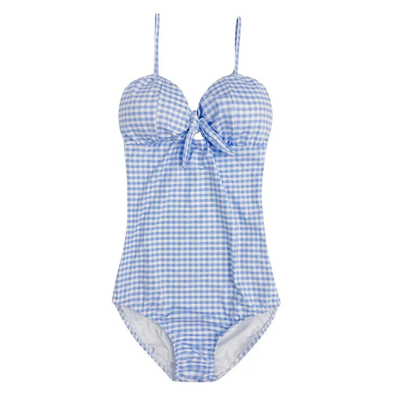 Women's blue and white plaid one-piece swimsuit with nylon fabric for swimming