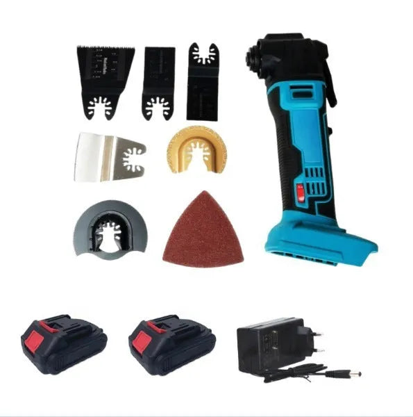 Rechargeable brushless lithium battery trimming machine with metal construction and plastic storage box containing accessories