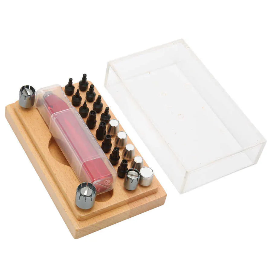 20-piece steel watch repair barrel-opening tool set on a workbench