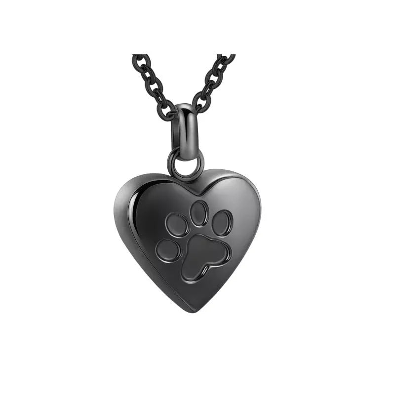 Simple Love paw print heart pendant necklace in titanium steel with openable casket, shown in silver finish on adjustable chain