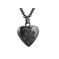 Simple Love paw print heart pendant necklace in titanium steel with openable casket, shown in silver finish on adjustable chain