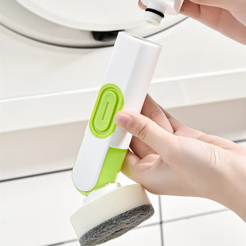 Long-handle kitchen cleaning brush with integrated soap dispenser and two removable brush heads, in white and red colour option.