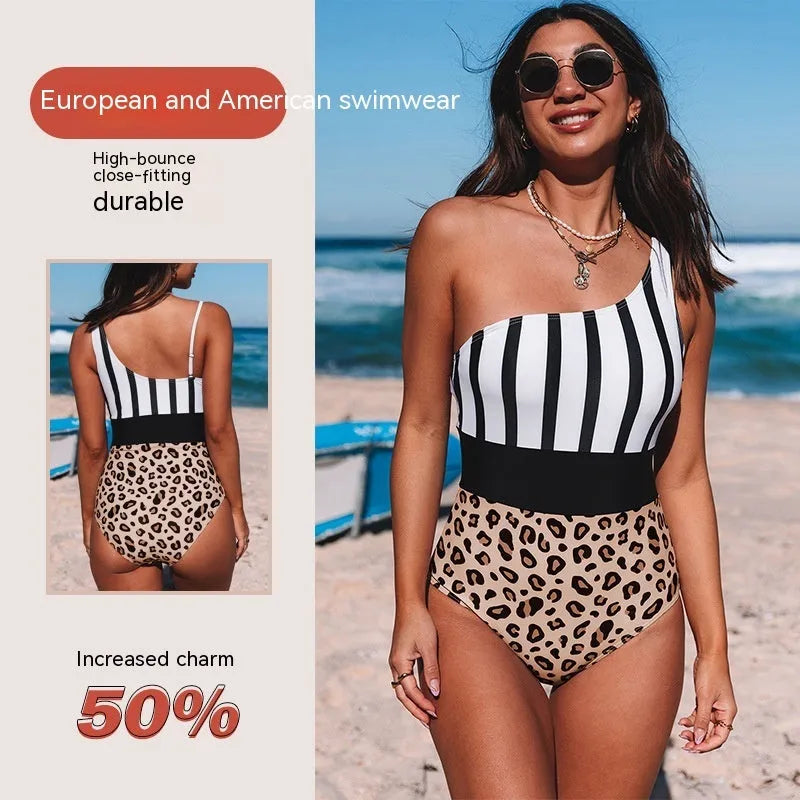 Women's leopard print one-piece swimsuit with asymmetric collar and high waist design for swimming