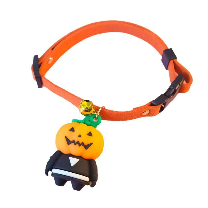 Halloween dog collar with luminous cartoon patterns in Pumpkin Man, Luminous Brat, and Luminous Skull designs, adjustable sizes 16-56cm