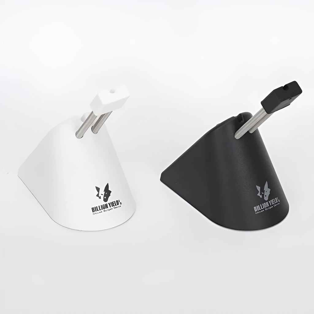 Black and white ABS plastic mouse cable holder bracket for organising wired mouse cables on a desk.