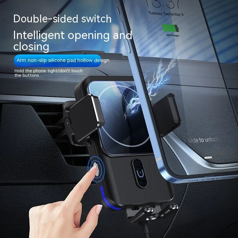 Car wireless charger phone holder with 15W fast charging in black, showing both suction cup and clip mounting options