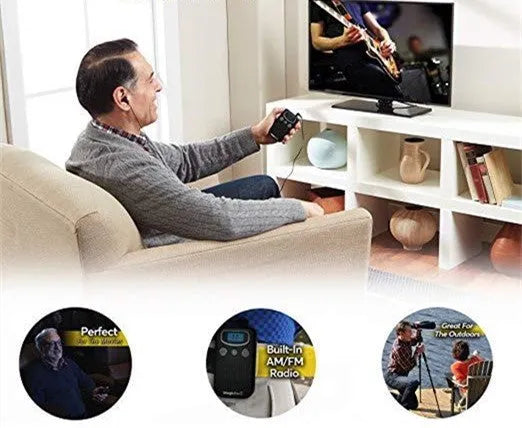Personal voice enhancer hearing aid booster with digital display and brilliant colour ABS plastic casing.
