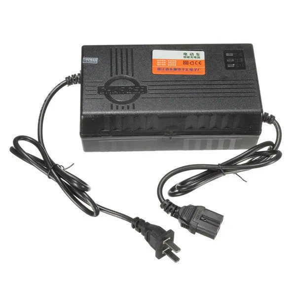 72V20AH electric car charger with compact 165mm design showing charging specifications and plug options