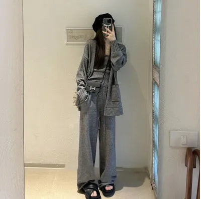Women's wool blend knit three-piece set showing vest, cardigan coat, and pants in loose fit with seamless construction