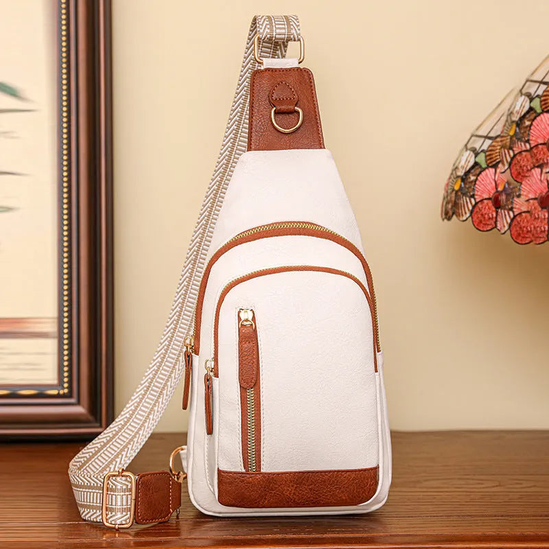 Women's soft PU chest bag in beige with open outer pocket and crossbody strap, showing sewing thread details