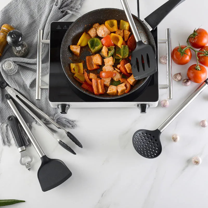 Black silicone and stainless steel 16-piece kitchen spatula and spoon set.