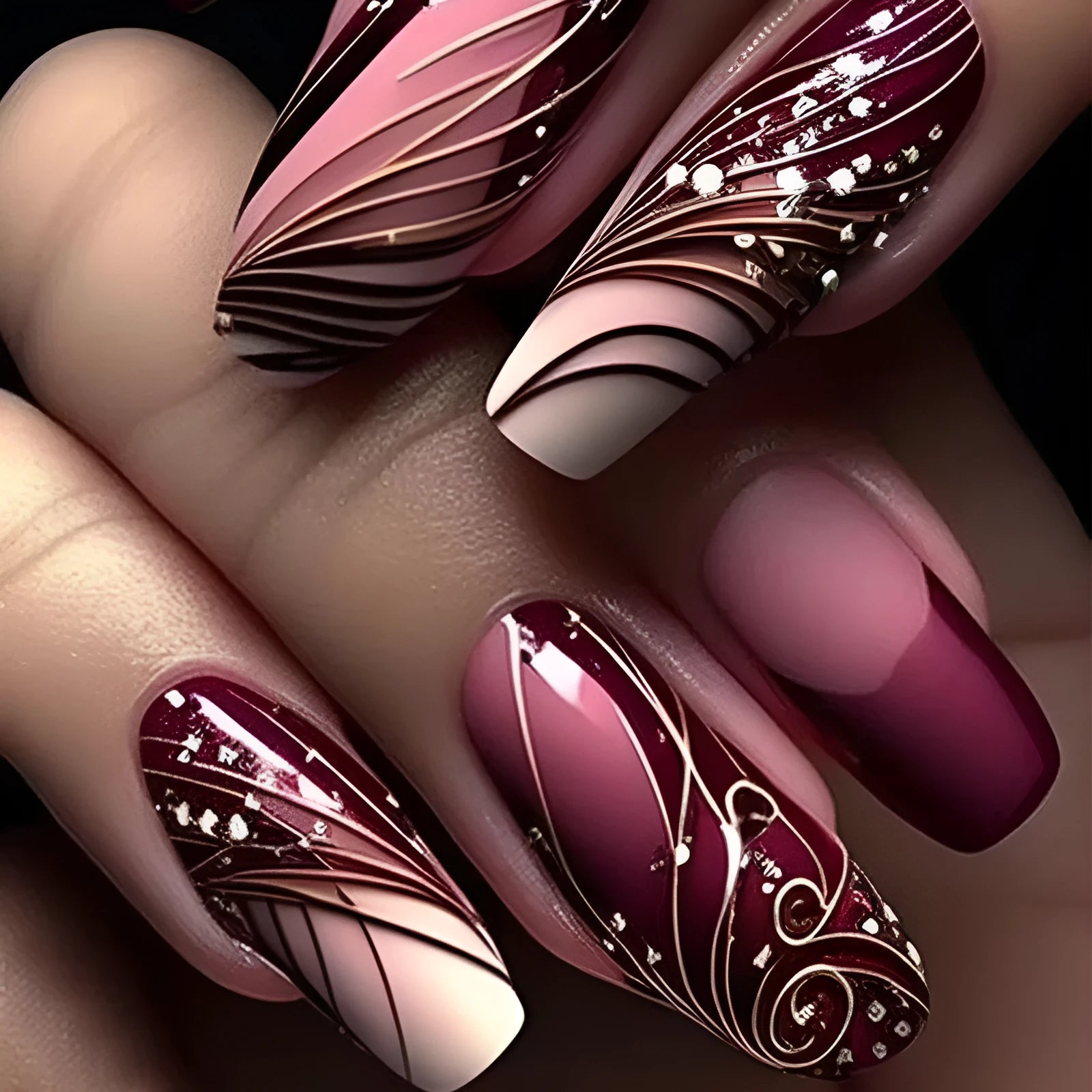 Pack of 24 French line pattern false nail stickers and glue tube on a white background.