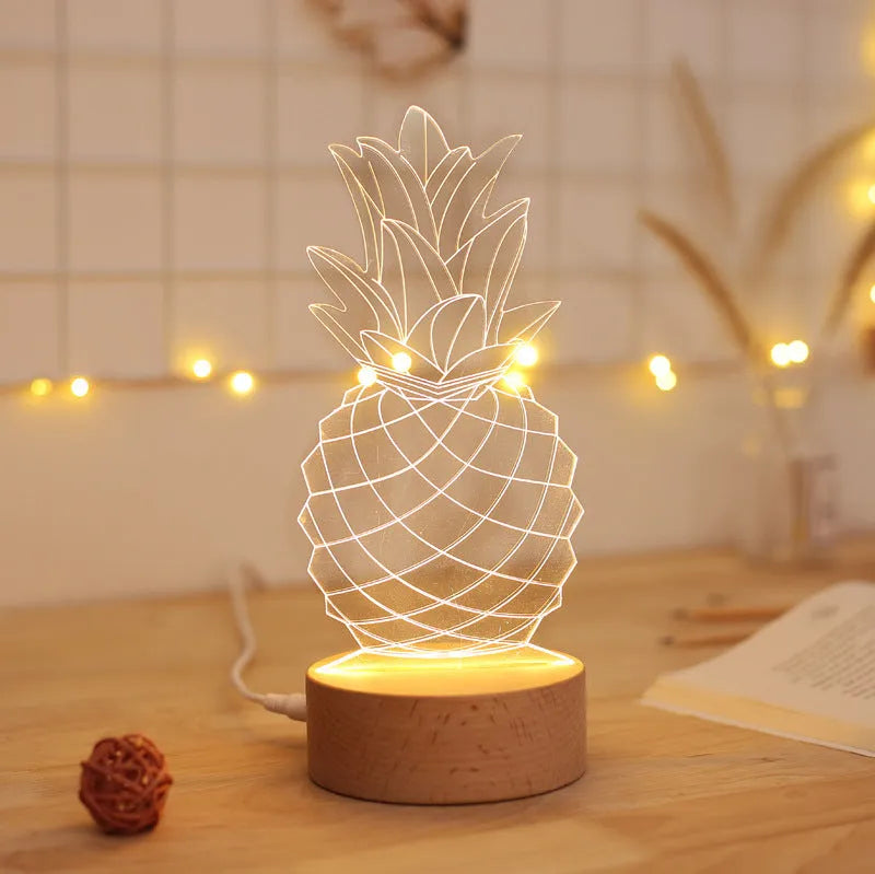 Cartoon night light with wooden base and acrylic elements, 24.5x10cm dimensions, USB powered with dimmable 1.6W LED