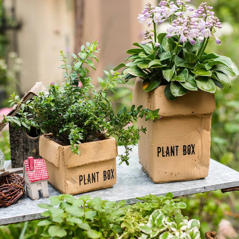 Cement brown paper box flowerpot with Nordic style design and bottom drainage holes for indoor planting