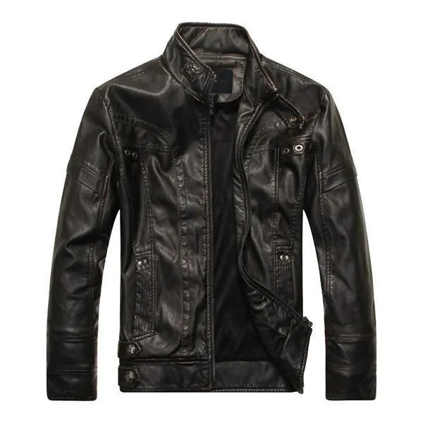 PU leather jacket in black, coffee, or khaki with washed finish, sizes L to 5XL