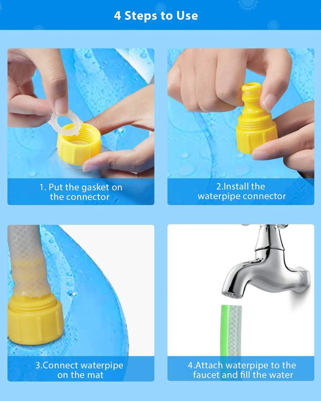 Blue PVC water spray mat for children with marine animal prints, connected to a garden hose.