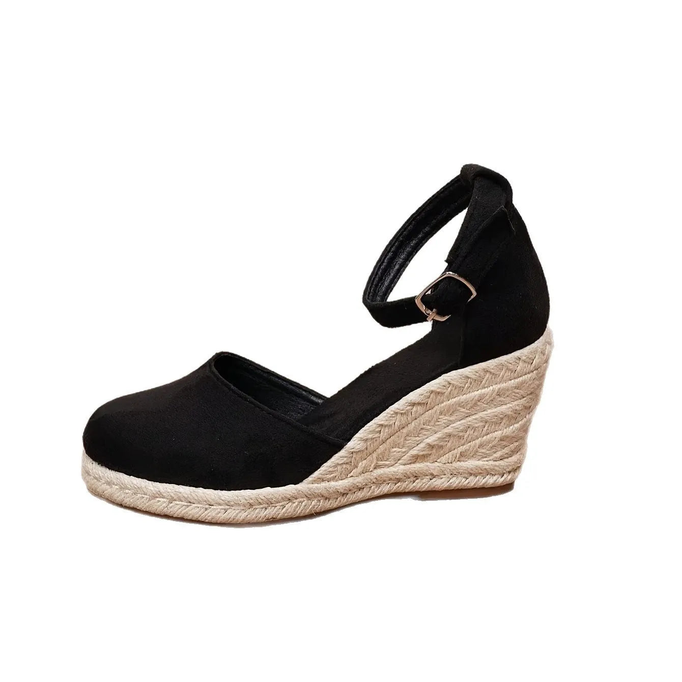 Women's suede wedge sandals in Roman style with buckle fastening and rubber sole