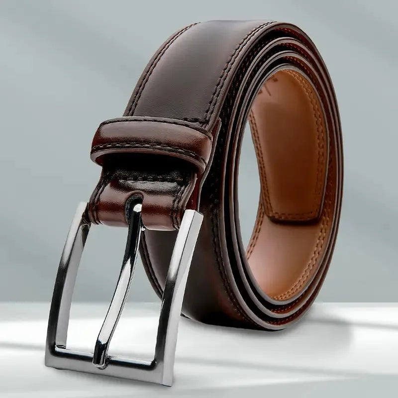 Men's leather belt with 95 grain pattern in brown, showing alloy buckle and adjustable length up to 130cm