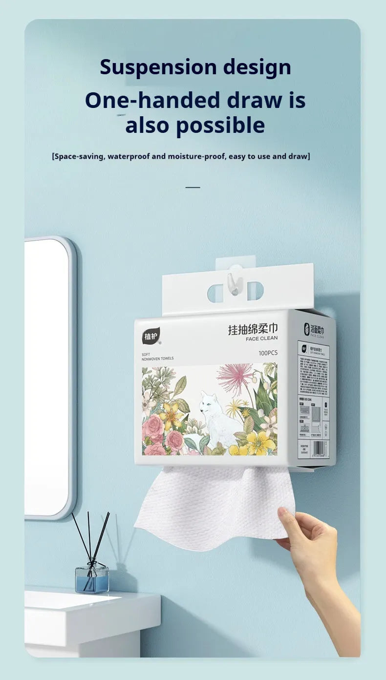 Roll of 100 disposable, soft face cloths with a hanging hook, made from viscose and polyester.