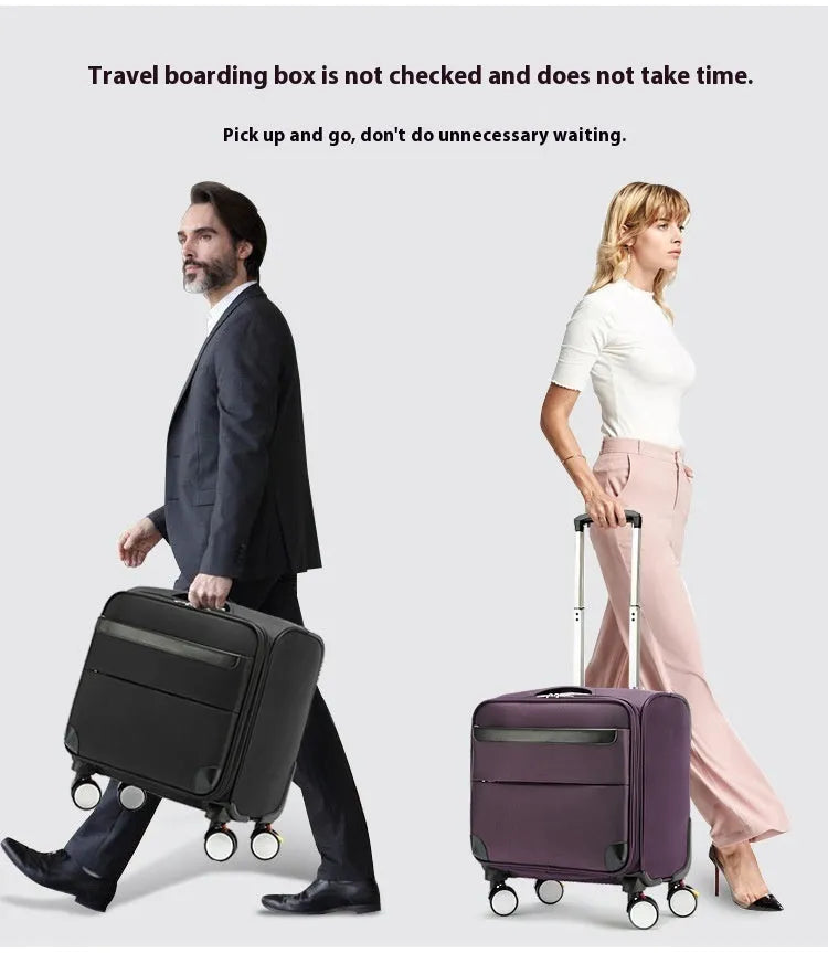 18-inch black business luggage with Oxford cloth material, universal wheels, and retractable handle