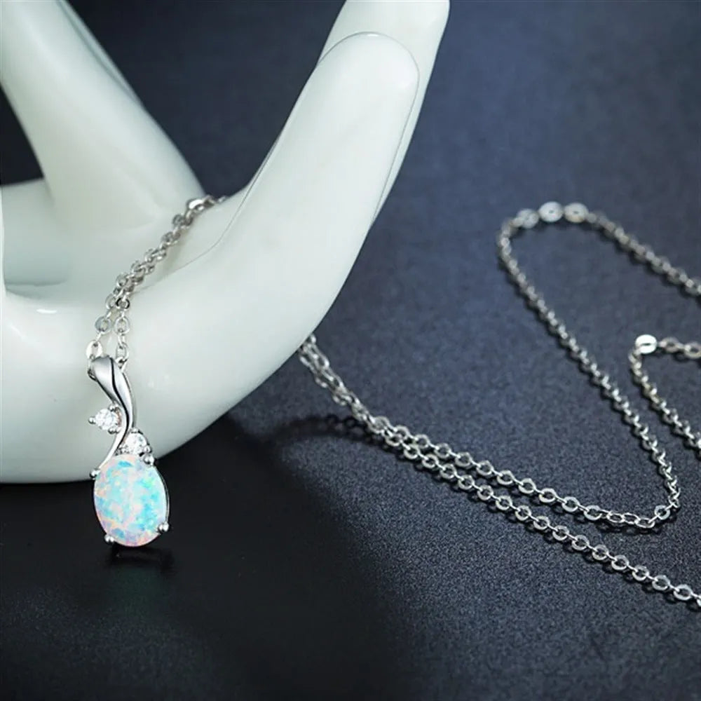 Water drop opal pendant necklace with adjustable chain in rose gold or white electroplated finish