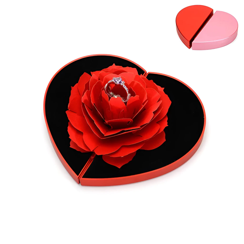 Rotating heart-shaped ring box with 3D rose decoration in red colour