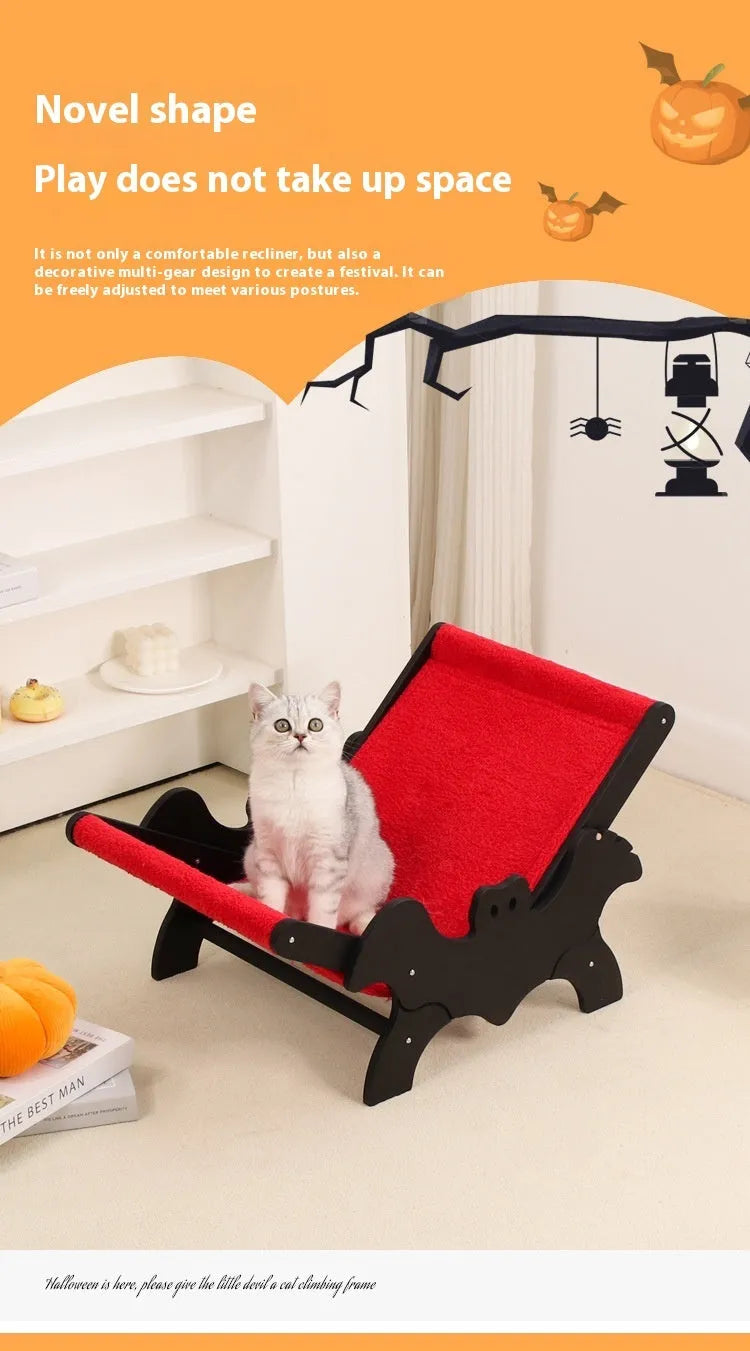Wooden cat recliner with bat-shaped backrest in black and red Halloween colours