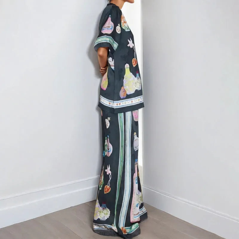 Women's black casual set with cartoon animation pattern, cardigan and trousers in sizes S to 3XL