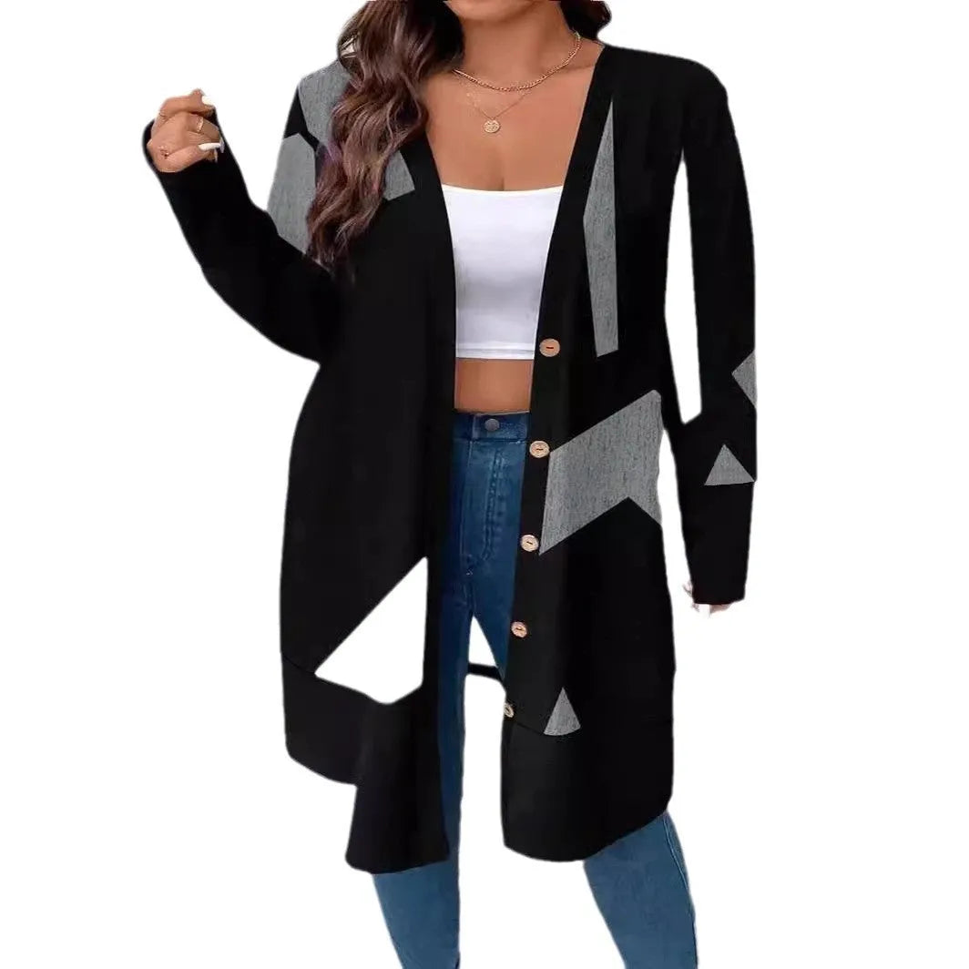 Black plus size knitwear cardigan with button stitching, loose fit, regular sleeves, sizes S to XXL