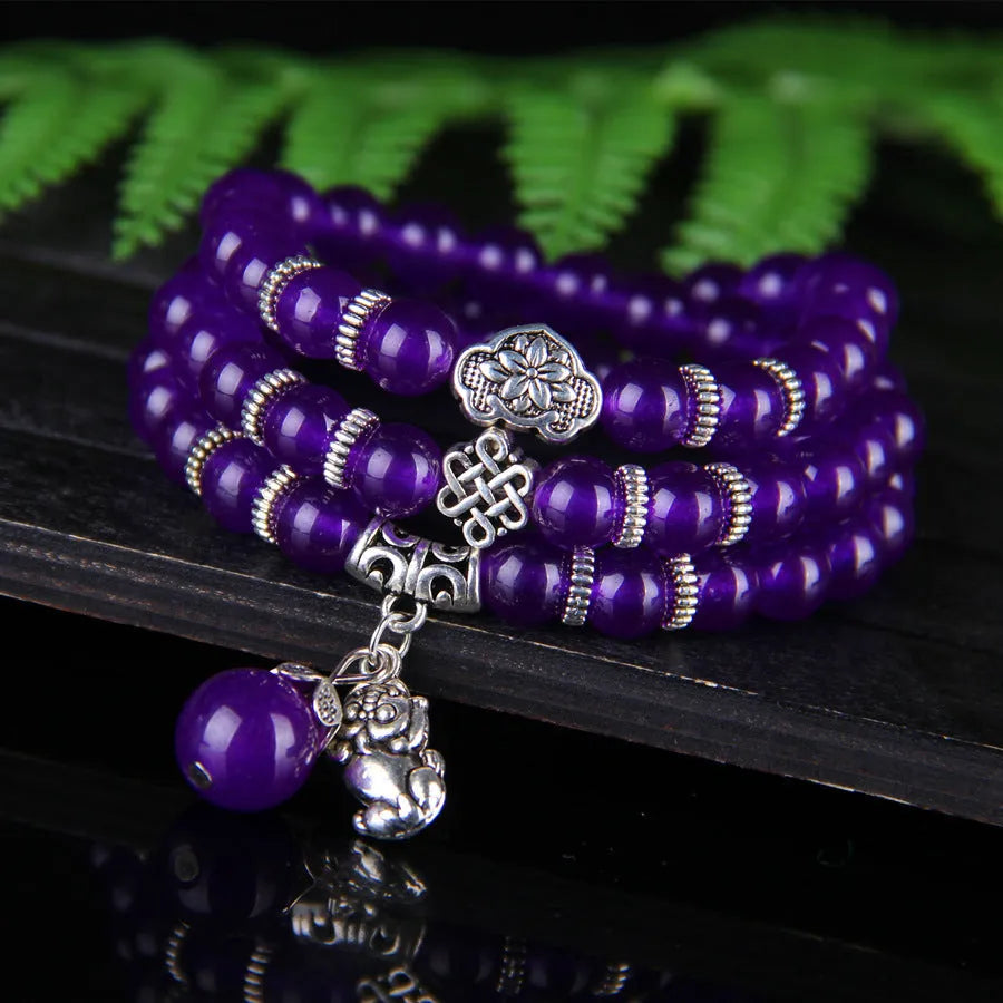 Purple chalcedony bracelet with three-circle ethnic design and adjustable fit